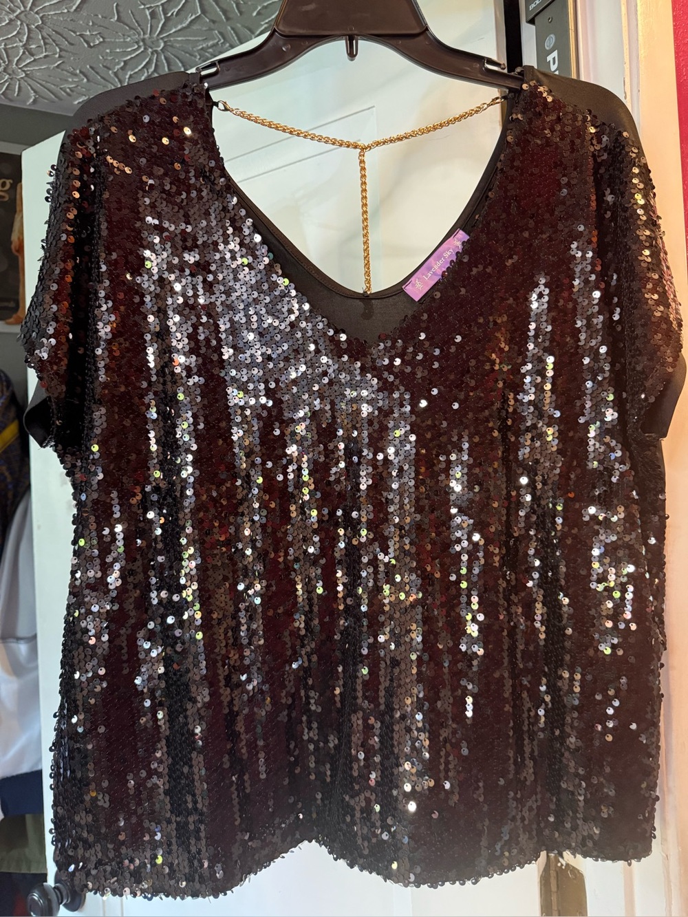Black Sequin V-Neck Short Sleeve Top. Never worn!